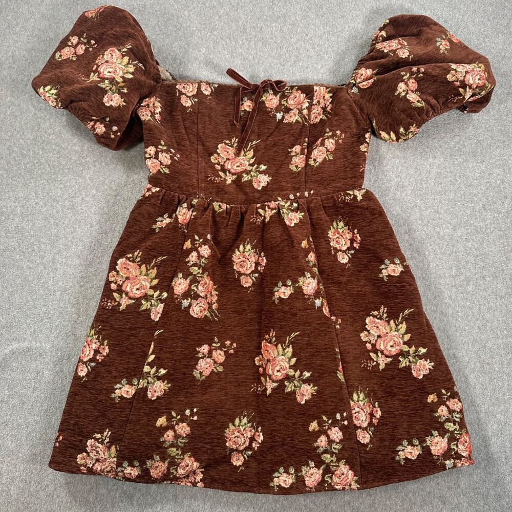 Sofie the Label Puff Sleeve Mini Dress Brown Floral Women's Large Square Neck